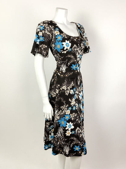 VINTAGE 60s 70s DARK BROWN WHITE BLUE FLORAL DAISY SUMMER DRESS 12