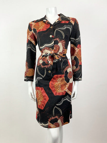 VINTAGE 60s 70s BLACK RED ORANGE FOLK FLORAL LEAFY DAGGER MOD SHIRT DRESS 16
