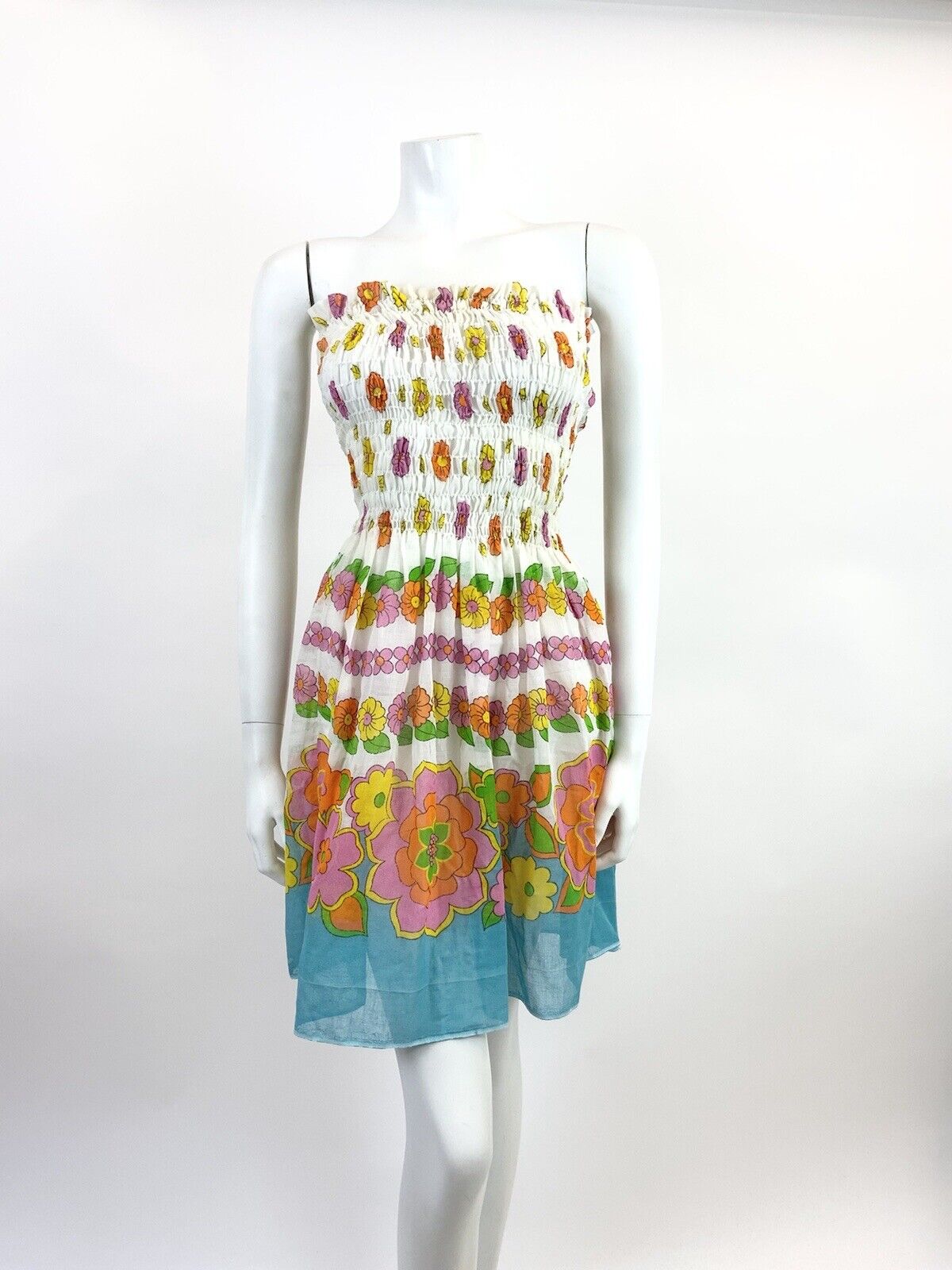 VINTAGE 60s 70s WHITE BLUE PINK ORANGE FLORAL SHIRRED STRAPLESS SUMMER DRESS 6 8
