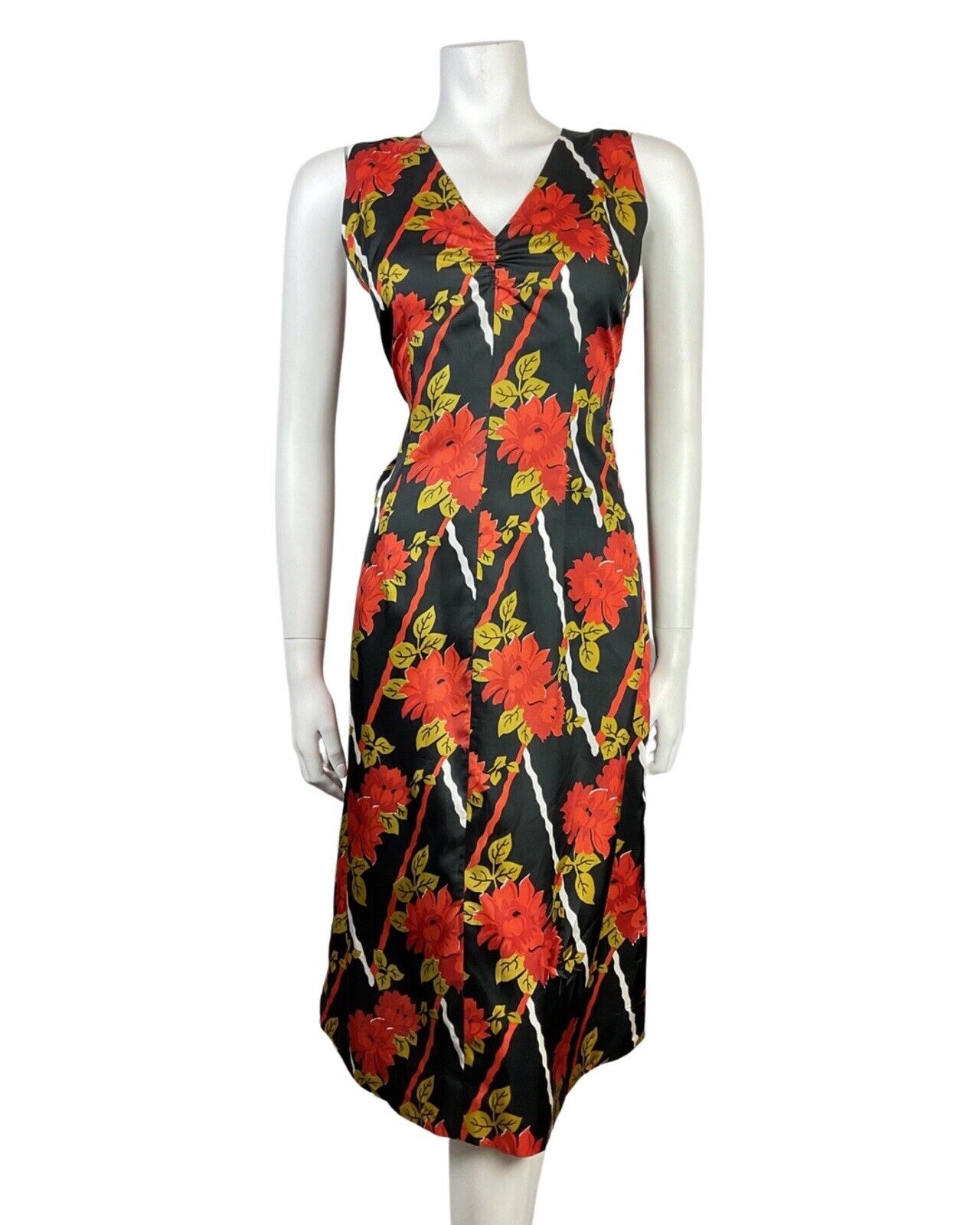 VINTAGE 60s 70s BLACK RED GOLD FLORAL SLEEVELESS SUMMER DRESS 8