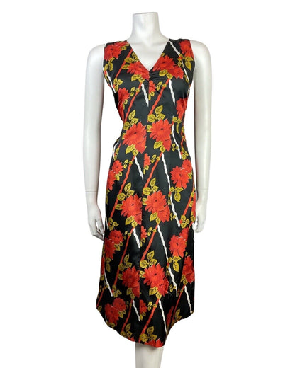 VINTAGE 60s 70s BLACK RED GOLD FLORAL SLEEVELESS SUMMER DRESS 8
