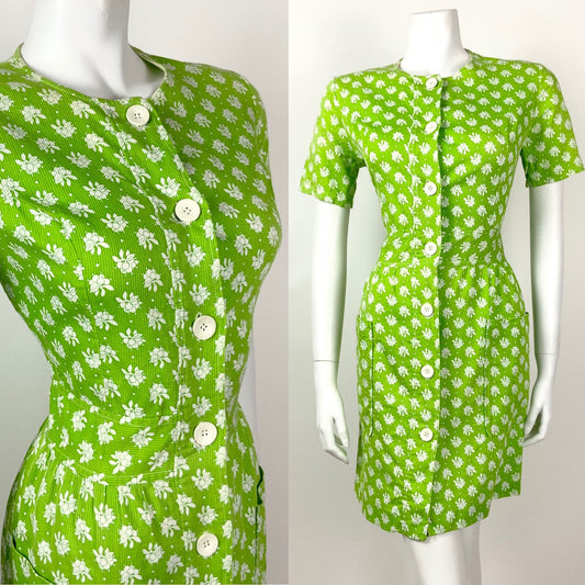 VINTAGE 60s 70s LIME GREEN WHITE FLORAL DOTTY MOD COTTON DRESS 10 12
