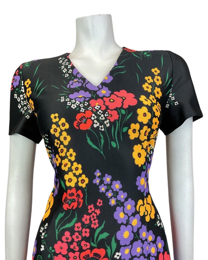 VINTAGE 60s 70s BLACK YELLOW LILAC FLORAL POPPY MOD SHORT SLEEVE DRESS 12 14