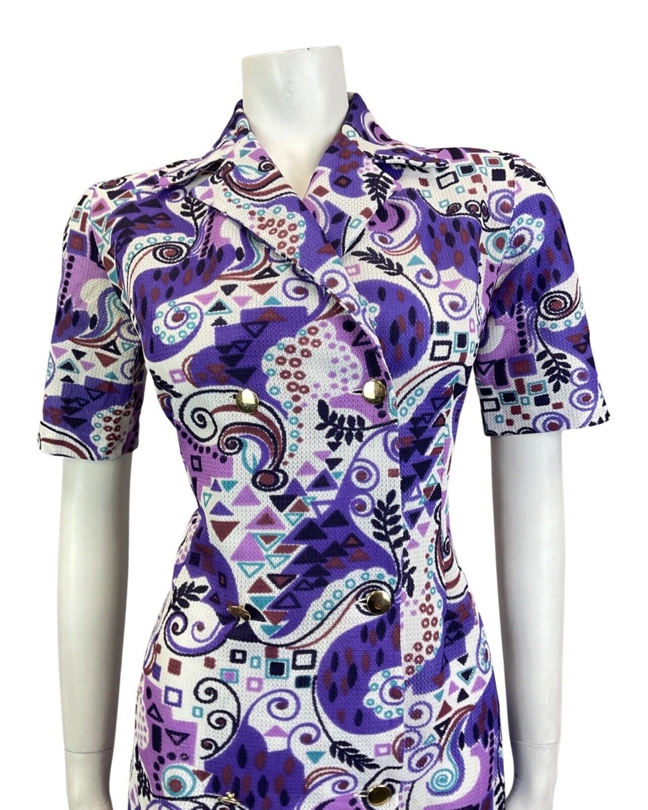 VINTAGE 60s 70s PURPLE TEAL BLUE PSYCHEDELIC SWIRL GEOMETRIC MOD SHIRT DRESS 14