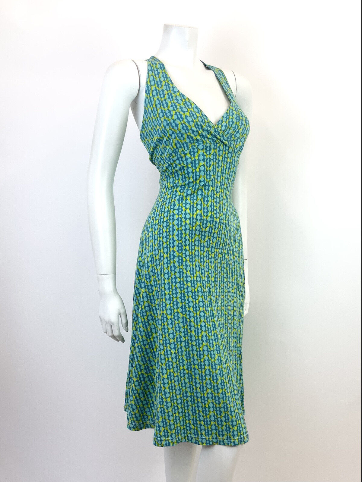 VINTAGE 60s 70s BLUE LIME GREEN OP-ART GEOMETRIC PSYCHEDELIC HALTER DRESS 10 12