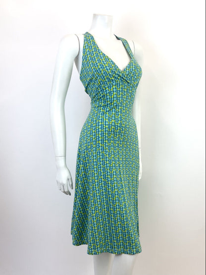 VINTAGE 60s 70s BLUE LIME GREEN OP-ART GEOMETRIC PSYCHEDELIC HALTER DRESS 10 12