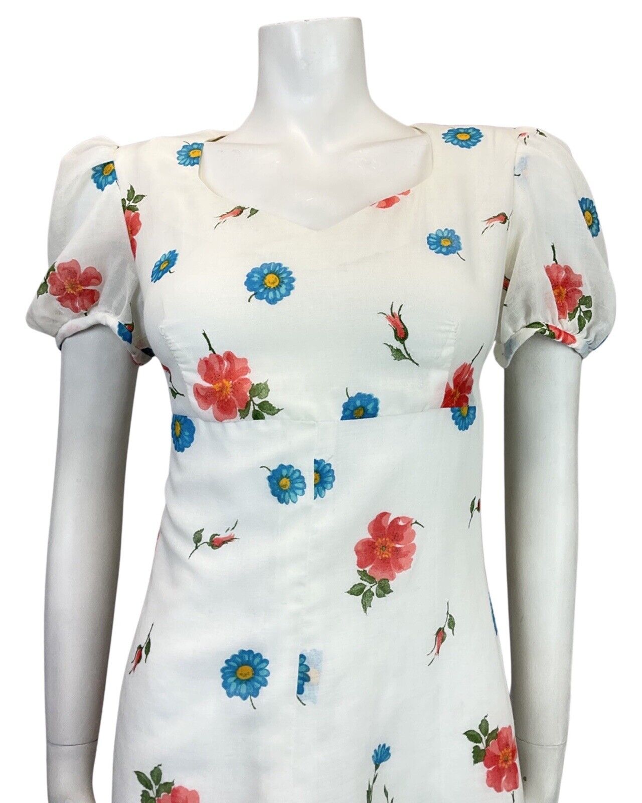 VINTAGE 60s 70s WHITE RED BLUE FLORAL GARDEN SHEER PUFF SLEEVE MOD DRESS 12