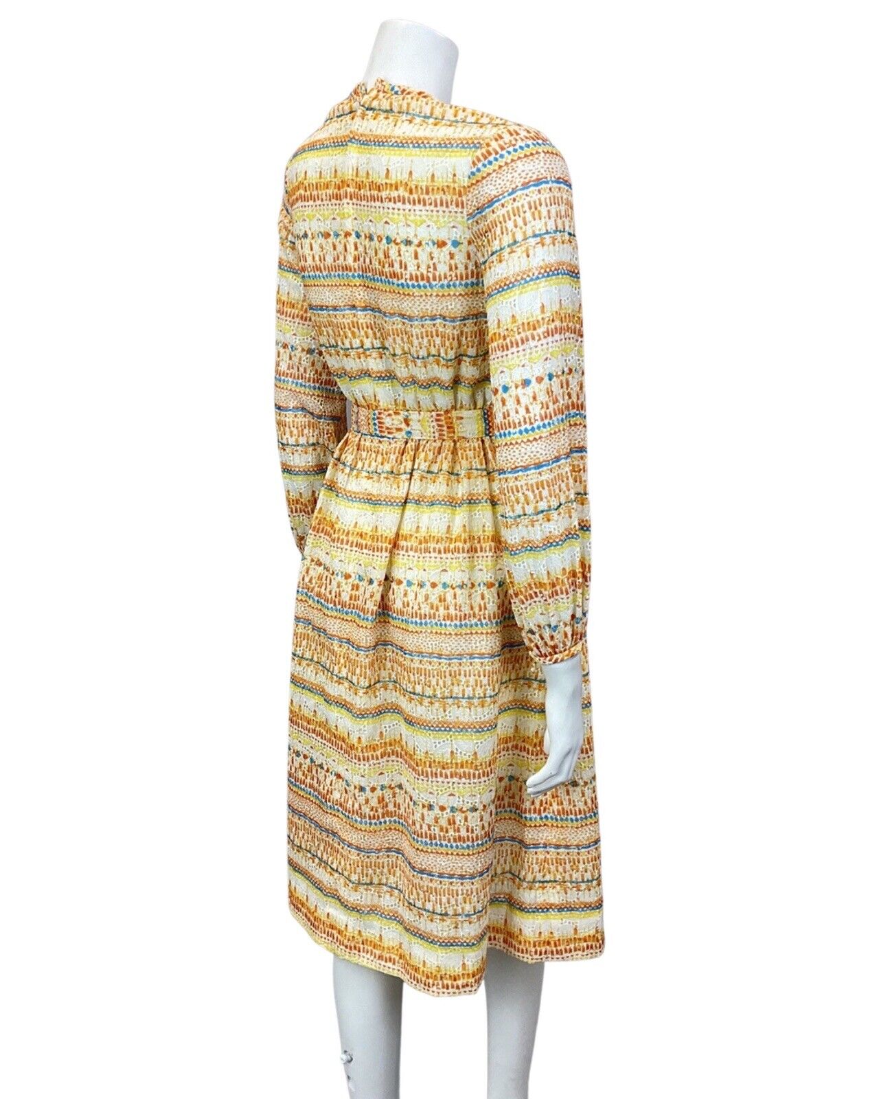 VINTAGE 60s 70s YELLOW BLUE ORANGE ANGLAISE EMBROIDERED STRIPED SHEER DRESS 4