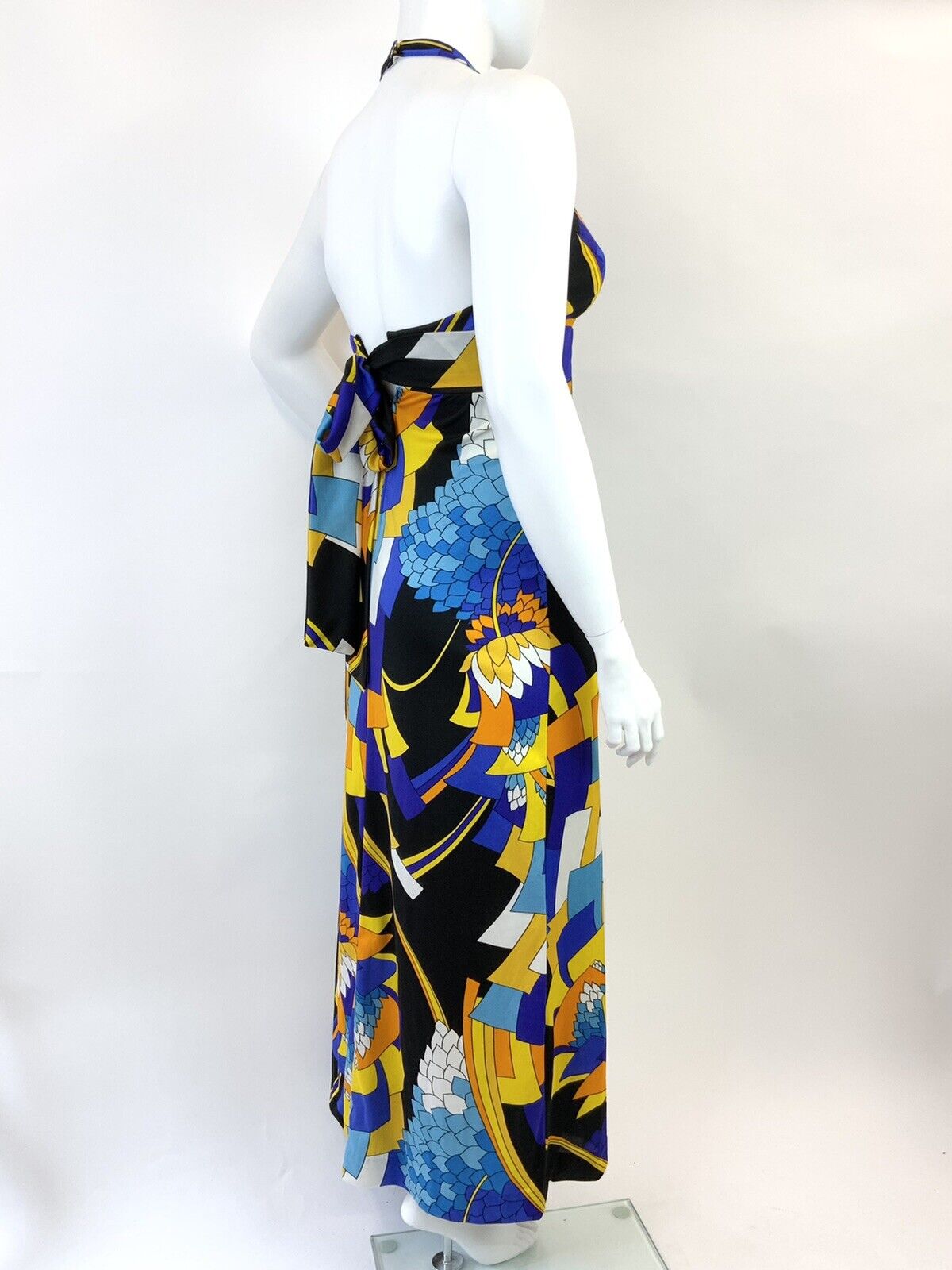 VINTAGE 60s 70s BLUE YELLOW BLACK GEOMETRIC FLORAL HALTER MAXI DRESS 14 16