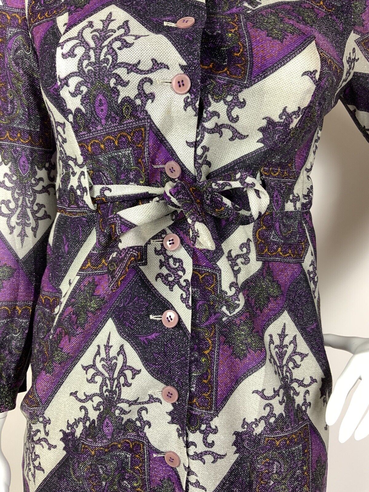 VTG 60s 70s PURPLE WHITE SILVER ZIG-ZAG FLORAL DAGGER COLLAR LUREX DRESS 14 16