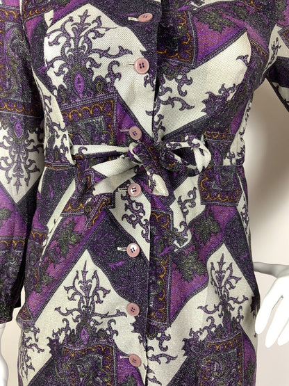 VTG 60s 70s PURPLE WHITE SILVER ZIG-ZAG FLORAL DAGGER COLLAR LUREX DRESS 14 16