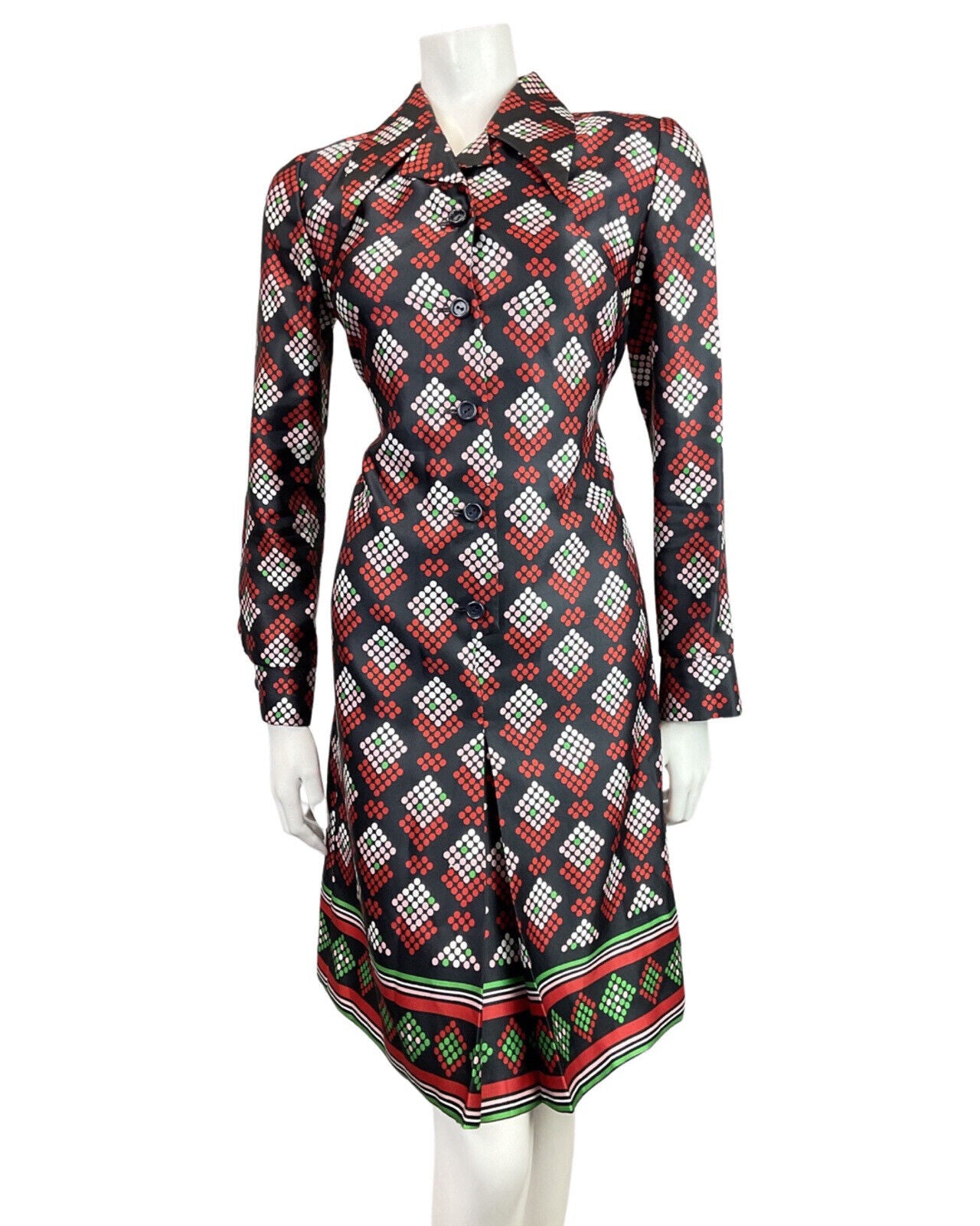 VINTAGE 60s 70s BLACK RED GREEN DOTTY GEOMETRIC DAGGER COLLAR SHIRT DRESS 12