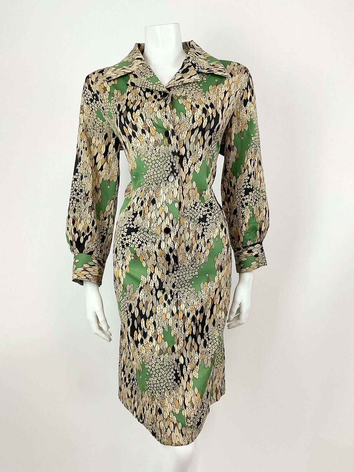 VTG 60s 70s CREAM GREEN BLACK FLORAL LEAFY PSYCHEDELIC DAGGER SHIRT DRESS 16 18