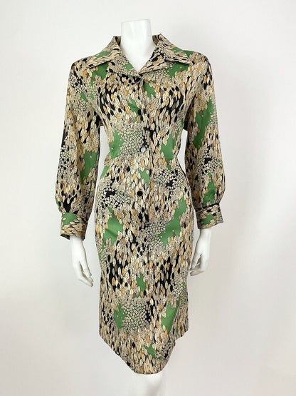 VTG 60s 70s CREAM GREEN BLACK FLORAL LEAFY PSYCHEDELIC DAGGER SHIRT DRESS 16 18