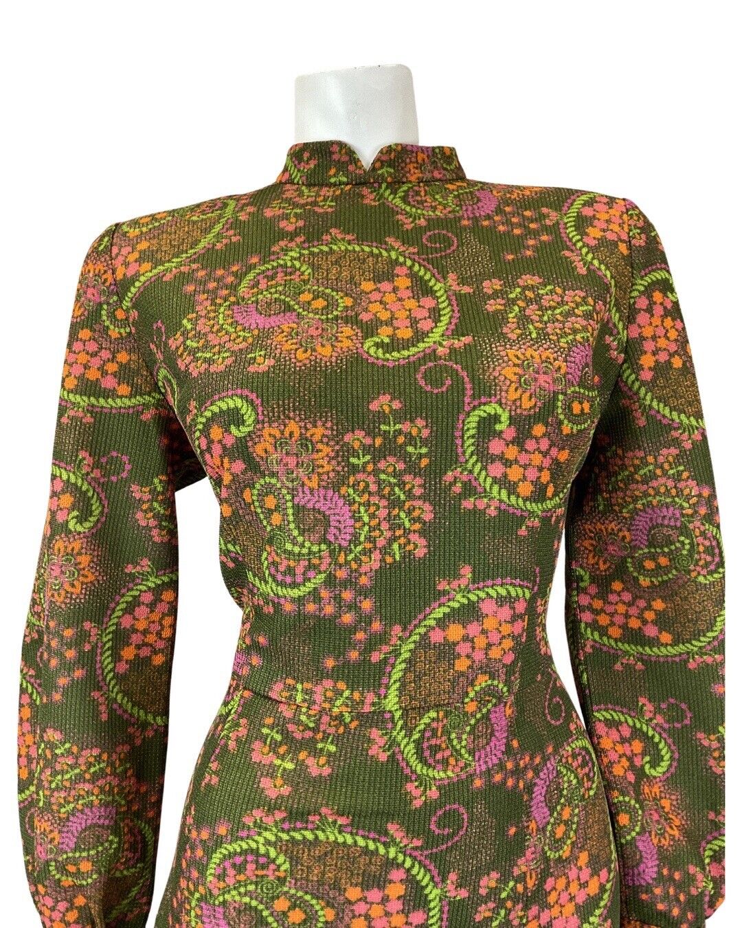 VINTAGE 60s 70s GREEN PINK ORANGE PAISLEY FLORAL PSYCHEDELIC FLARED DRESS 14