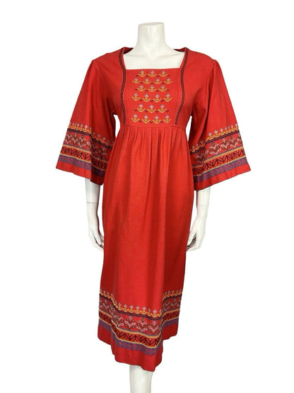 VTG 60S 70S RED BLACK YELLOW HIPPY BOHO CROSS STITCH EMBROIDERED SMOCK DRESS 10