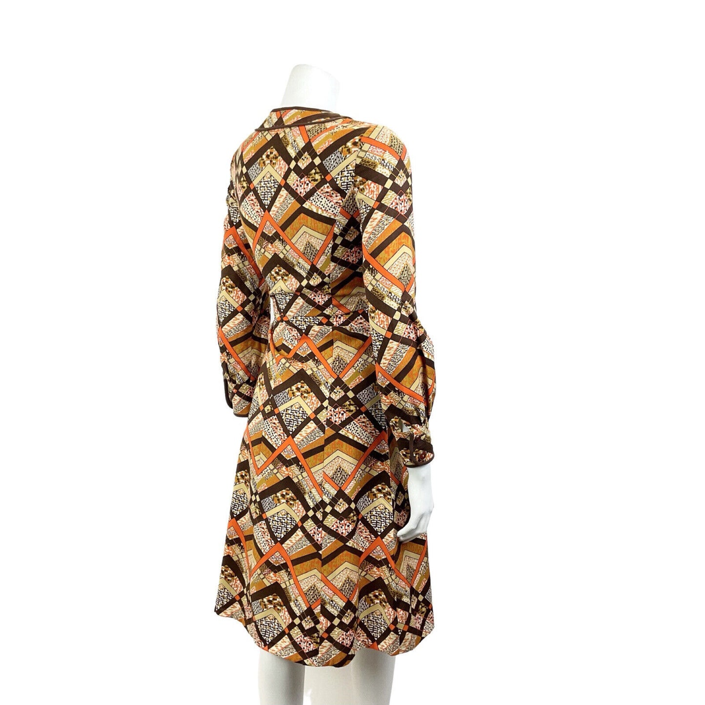 VINTAGE 60s 70s BROWN CREAM ORANGE GEOMETRIC PSYCHEDELIC MOD LONGSLEEVE DRESS 8