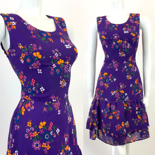 VTG 60s 70s PURPLE WHITE ORANGE GREEN FLORAL MOD SLEEVELESS RUFFLE DRESS 8 10