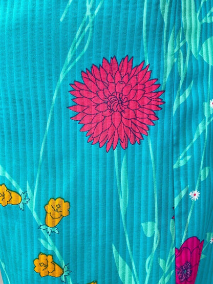 VINTAGE 60s 70s TEAL BLUE PINK ORANGE STRIPED FLORAL DAGGER SHIRT DRESS 10