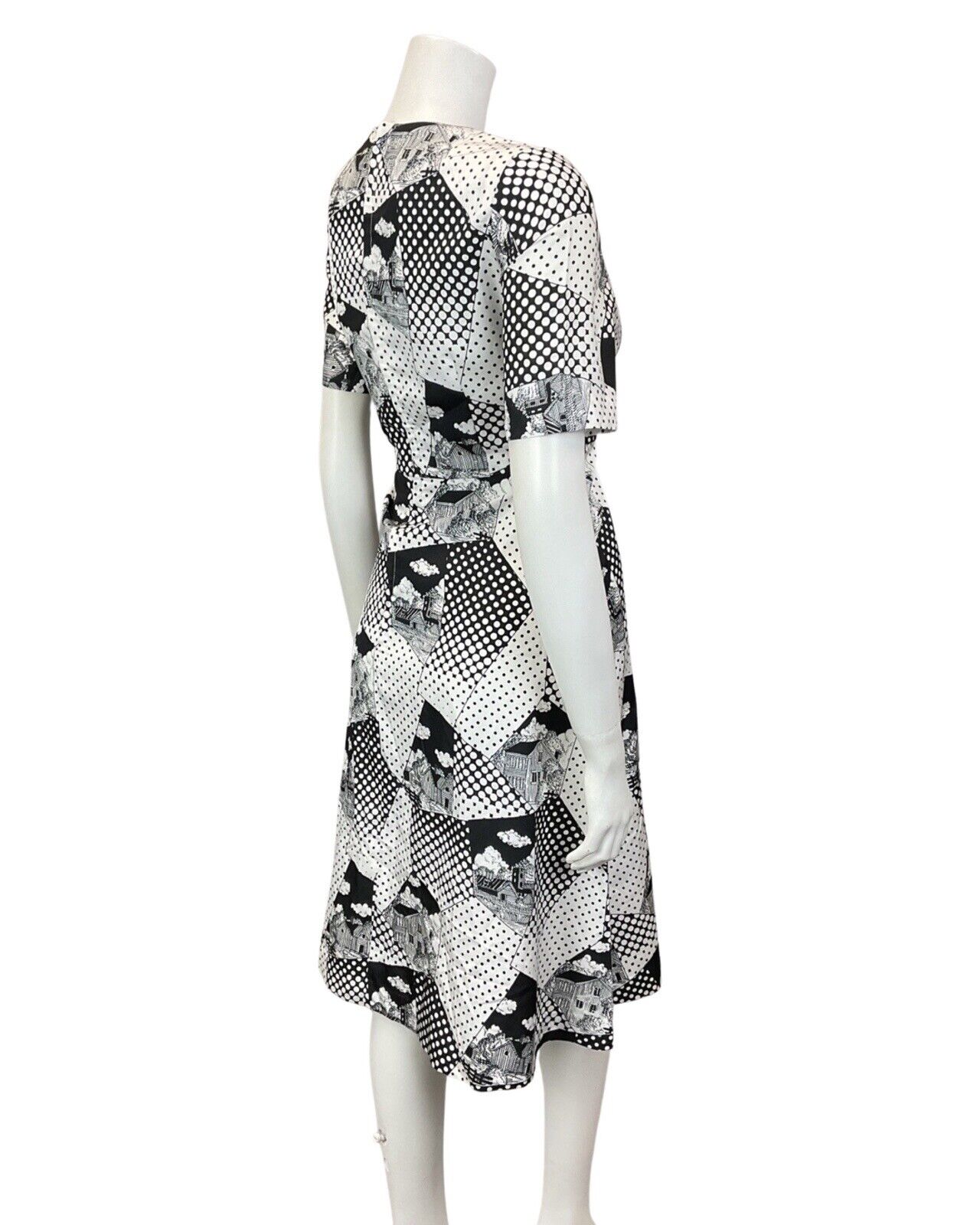 VINTAGE 60s 70s WHITE BLACK POLKA-DOT COTTAGE GEOMETRIC MOD SWING DRESS 10 12
