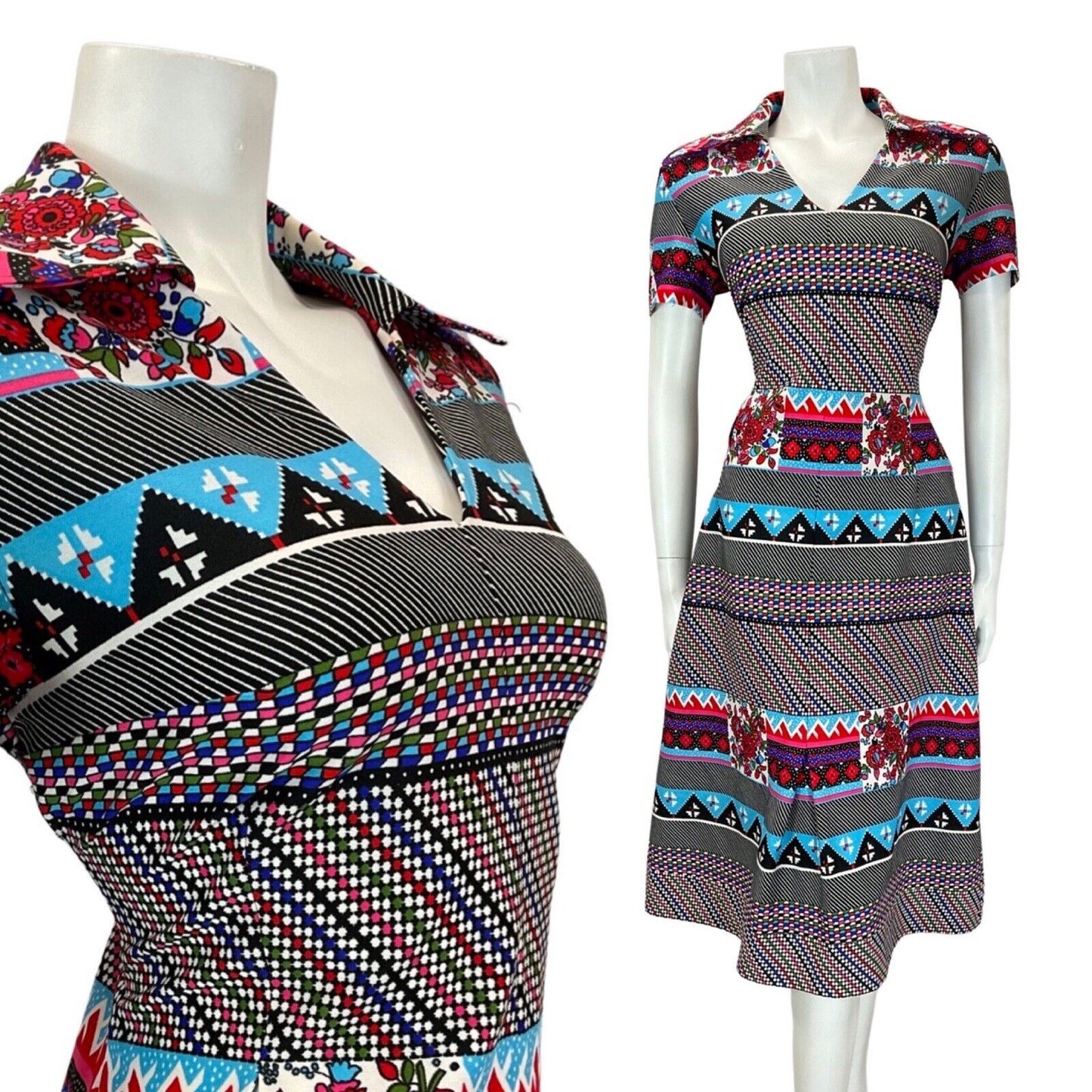 VINTAGE 60s 70s BLACK RED BLUE POLKA-DOT GEOMETRIC MOD DAGGER SHIRT DRESS 12 14