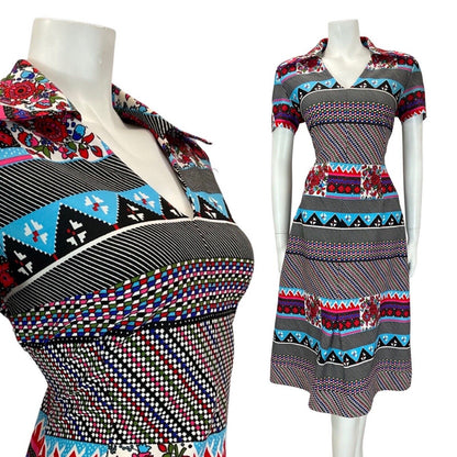 VINTAGE 60s 70s BLACK RED BLUE POLKA-DOT GEOMETRIC MOD DAGGER SHIRT DRESS 12 14