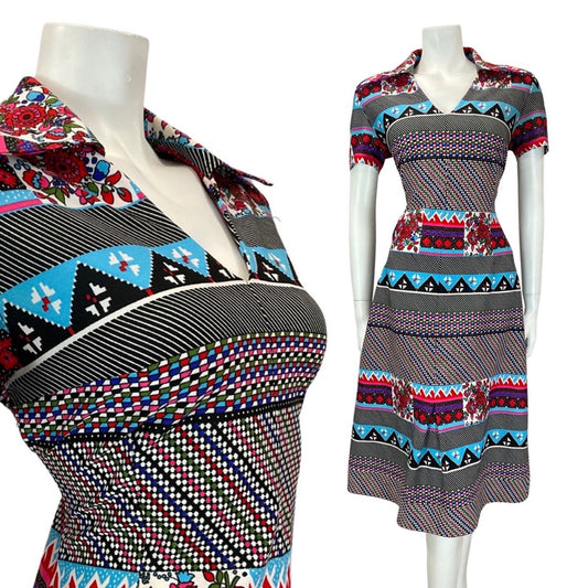 VINTAGE 60s 70s BLACK RED BLUE POLKA-DOT GEOMETRIC MOD DAGGER SHIRT DRESS 12 14