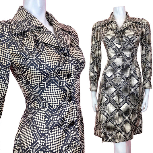 VINTAGE 60s 70s CREAM BLACK GEOMETRIC CHECKERBOARD MOD DAGGER SHIRT DRESS 8 10