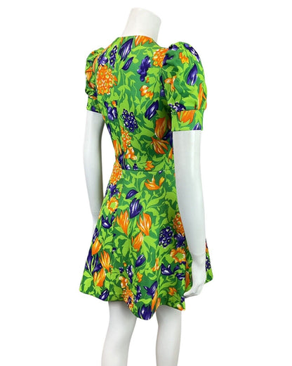 VINTAGE 60s 70s GREEN PURPLE ORANGE FLORAL LEAFY PUFF SLEEVE MOD SUMMER DRESS 8