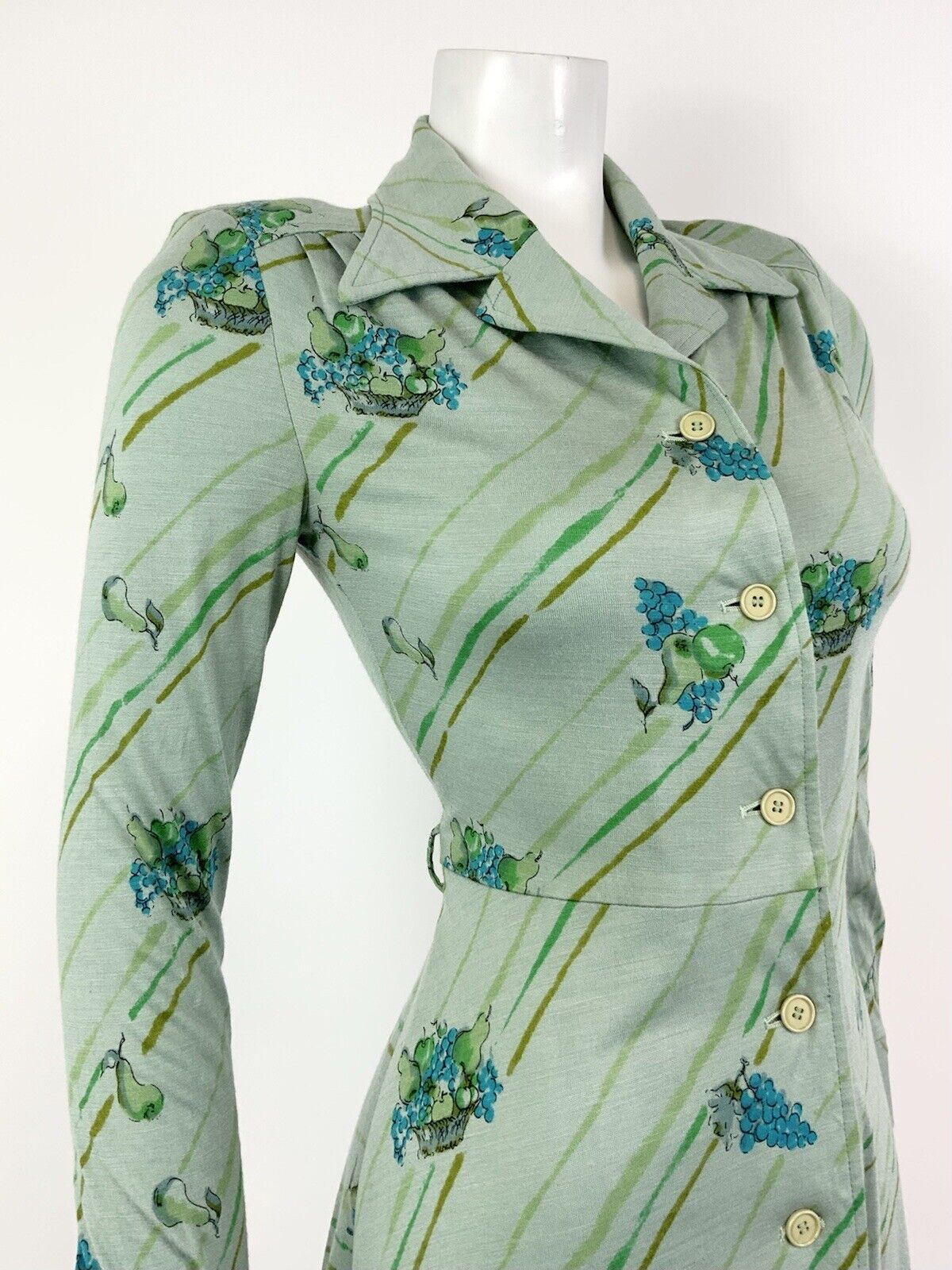 VTG 60s 70s GREEN BLUE YELLOW STRIPED FRUIT GRAPES MOD DAGGER SHIRT DRESS 8 10