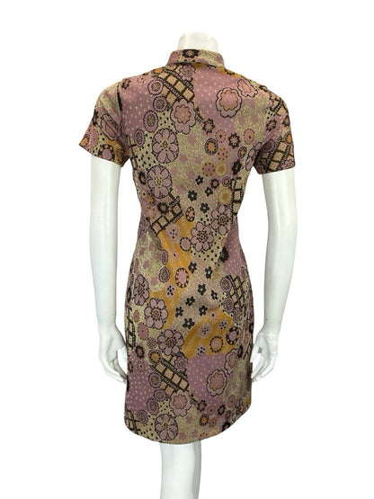VTG 60S PINK GOLD BLACK ORANGE FLORAL PSYCHEDELIC WING COLLAR PARTY DRESS 8