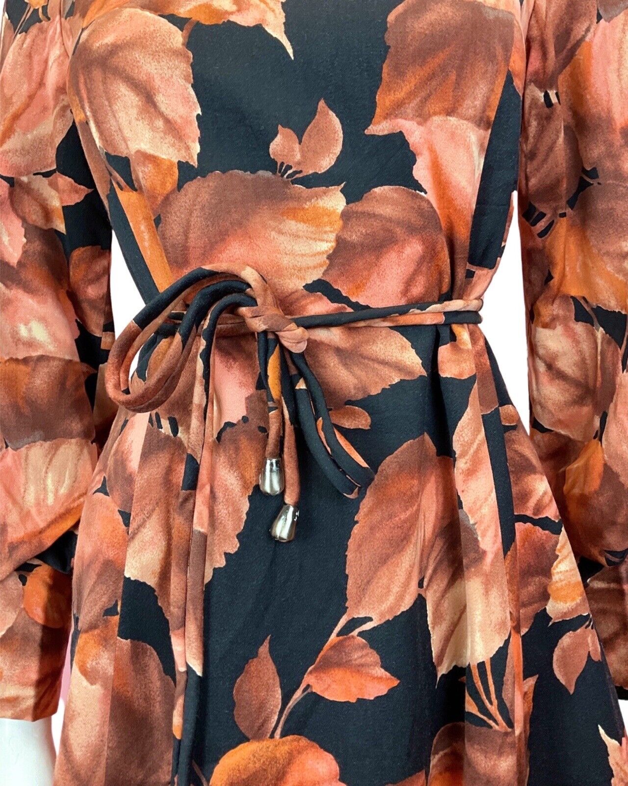 VTG 60s 70s ORANGE BROWN BLACK LEAFY TURTLENECK BISHOP SLEEVE SWING DRESS 8