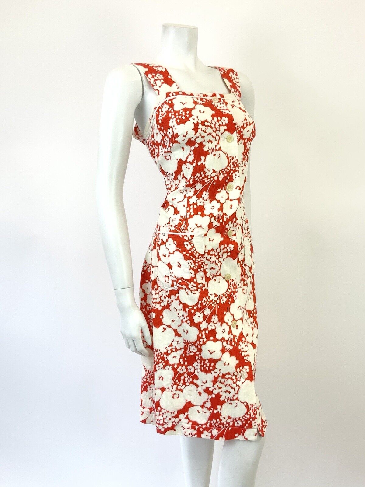 VINTAGE 60s 70s RED WHITE FLORAL PSYCHEDELIC PINAFORE SUMMER SUN DRESS 12