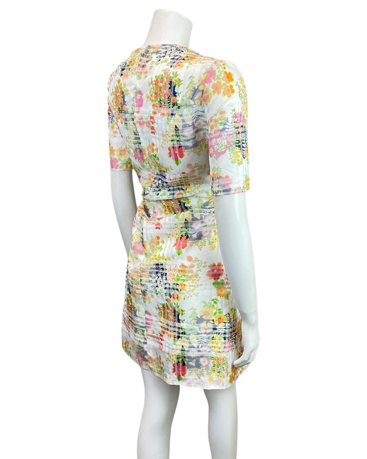 VINTAGE 60s 70s WHITE BLUE YELLOW CHECKED FLORAL DAISY MOD SHORT DRESS 10 12