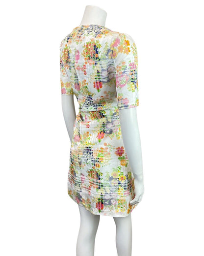 VINTAGE 60s 70s WHITE BLUE YELLOW CHECKED FLORAL DAISY MOD SHORT DRESS 10 12