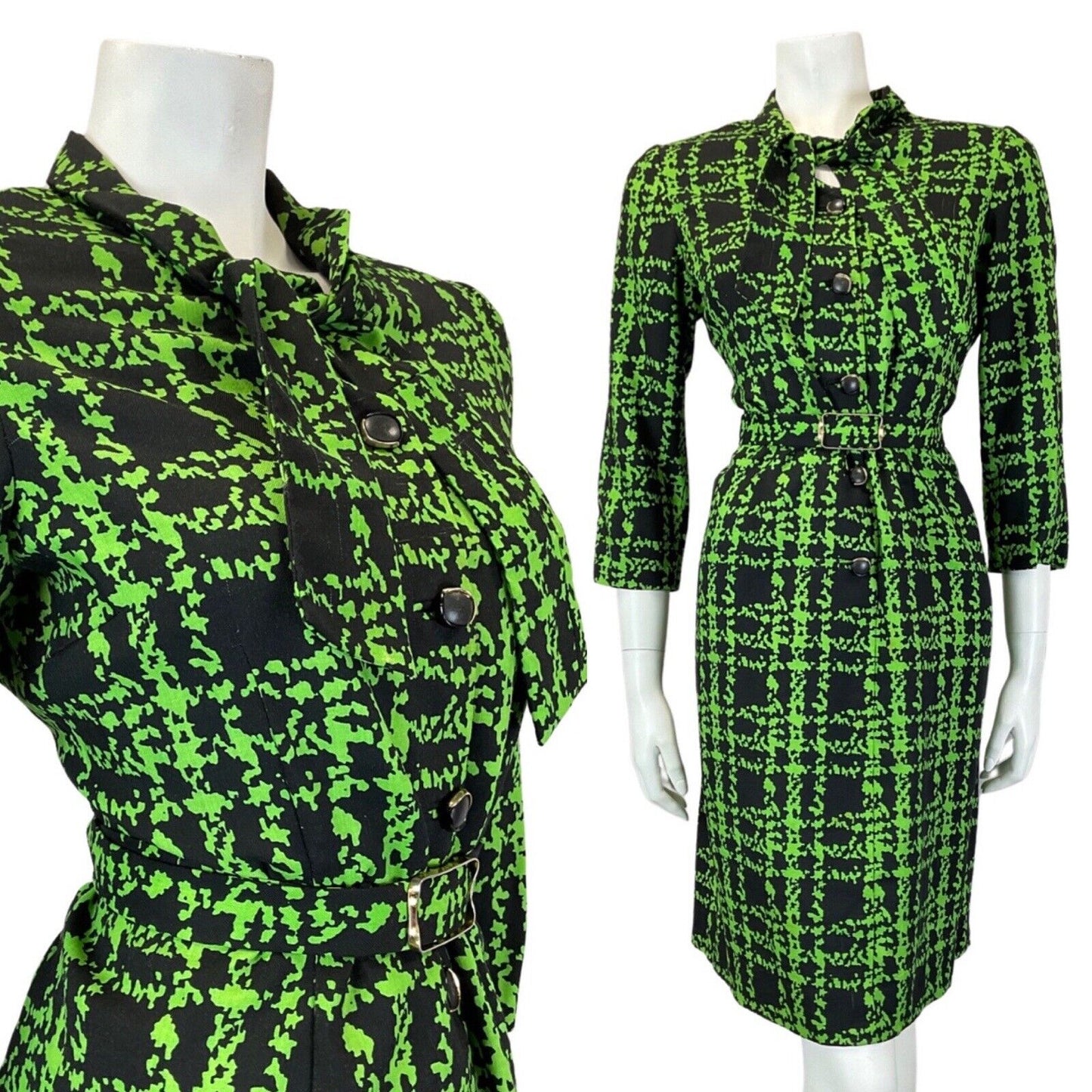 VINTAGE 60s 90s GREEN BLACK PLAID CHECKED PUSSYBOW BELTED MOD DRESS 16