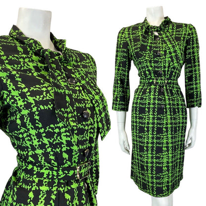 VINTAGE 60s 90s GREEN BLACK PLAID CHECKED PUSSYBOW BELTED MOD DRESS 16