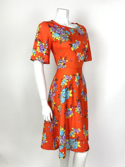 VINTAGE 60s 70s ORANGE PURPLE BLUE YELLOW FLORAL SWING SUMMER DRESS 8 10