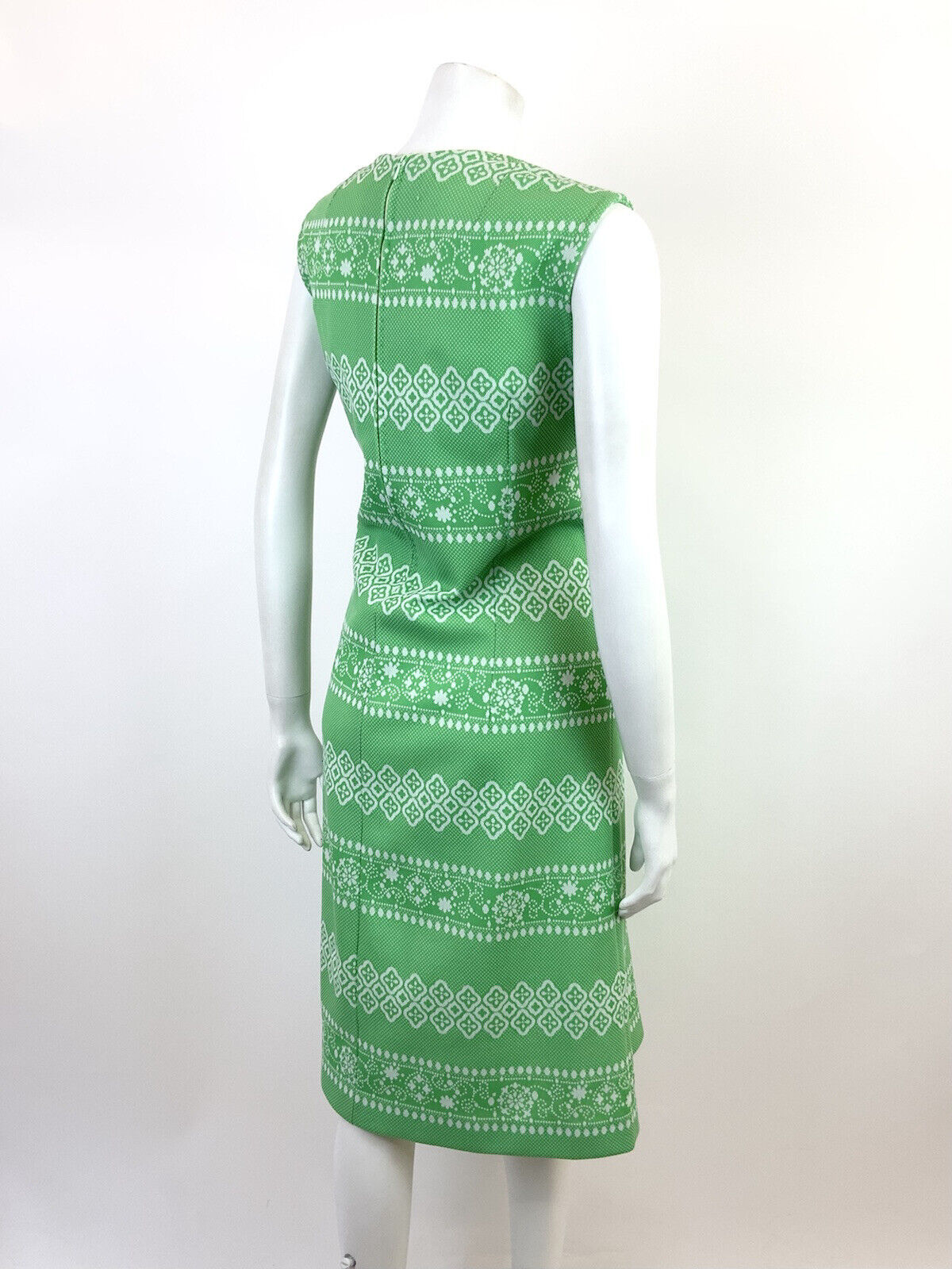 VTG 60s 70s APPLE GREEN WHITE STRIPED GEOMETRIC FLORAL SLEEVELESS DRESS 14 16