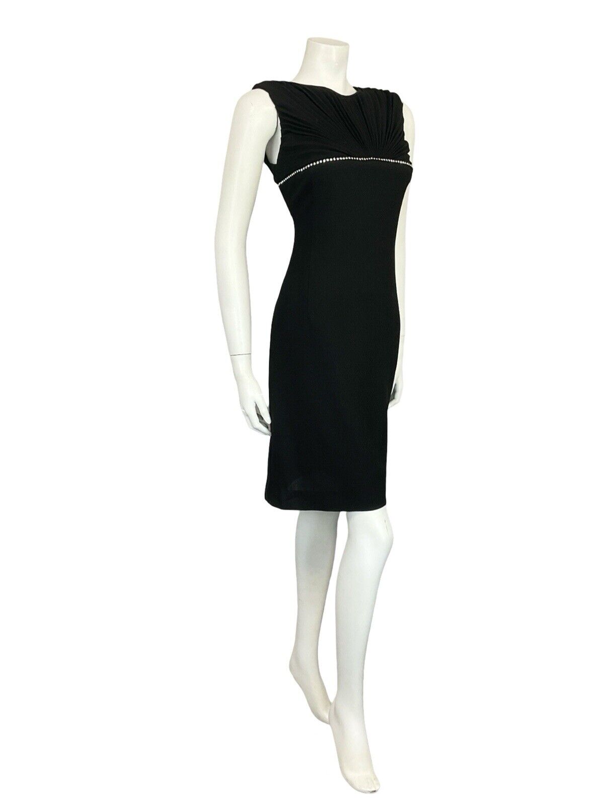 VTG 60S BLACK MOD WOOL DIAMANTE FAN PLEATED SLEEVELESS PARTY MINI DRESS 10