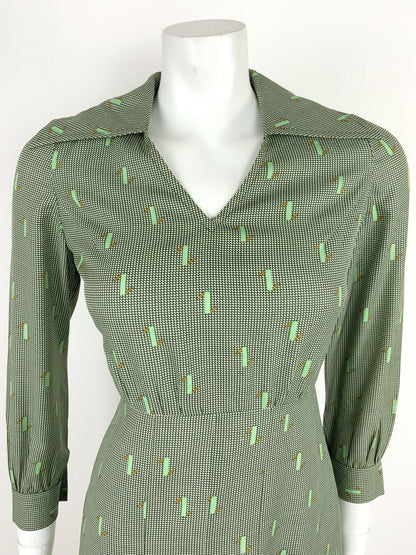 VINTAGE 60s 70s GREEN WHITE BROWN HOUNDSTOOTH GEOMETRIC WING COLLAR DRESS 10