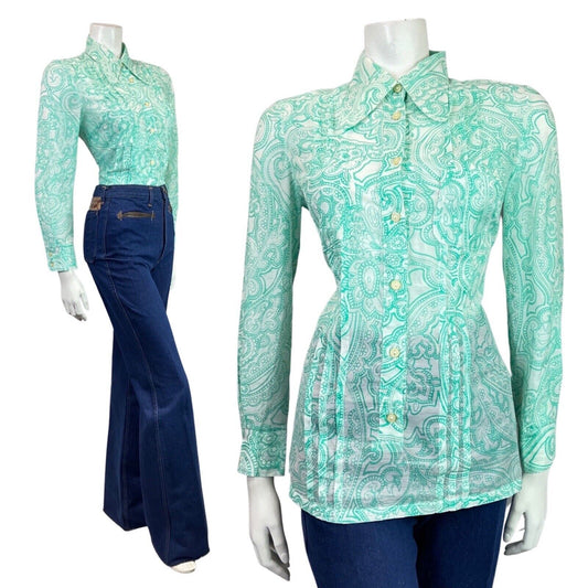 VINTAGE 60s 70s MINT GREEN WHITE PSYCHEDELIC PAISLEY FLORAL DAGGER SHIRT 10