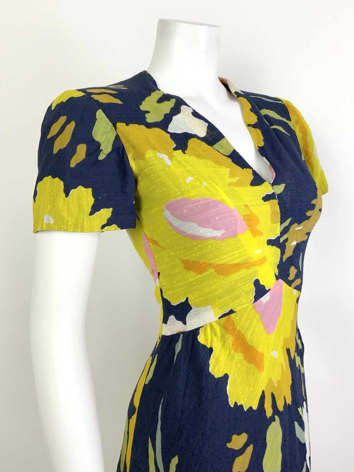 VINTAGE 60s 70s NAVY BLUE YELLOW PINK FLORAL V-NECK SWING SUMMER DRESS 8 10