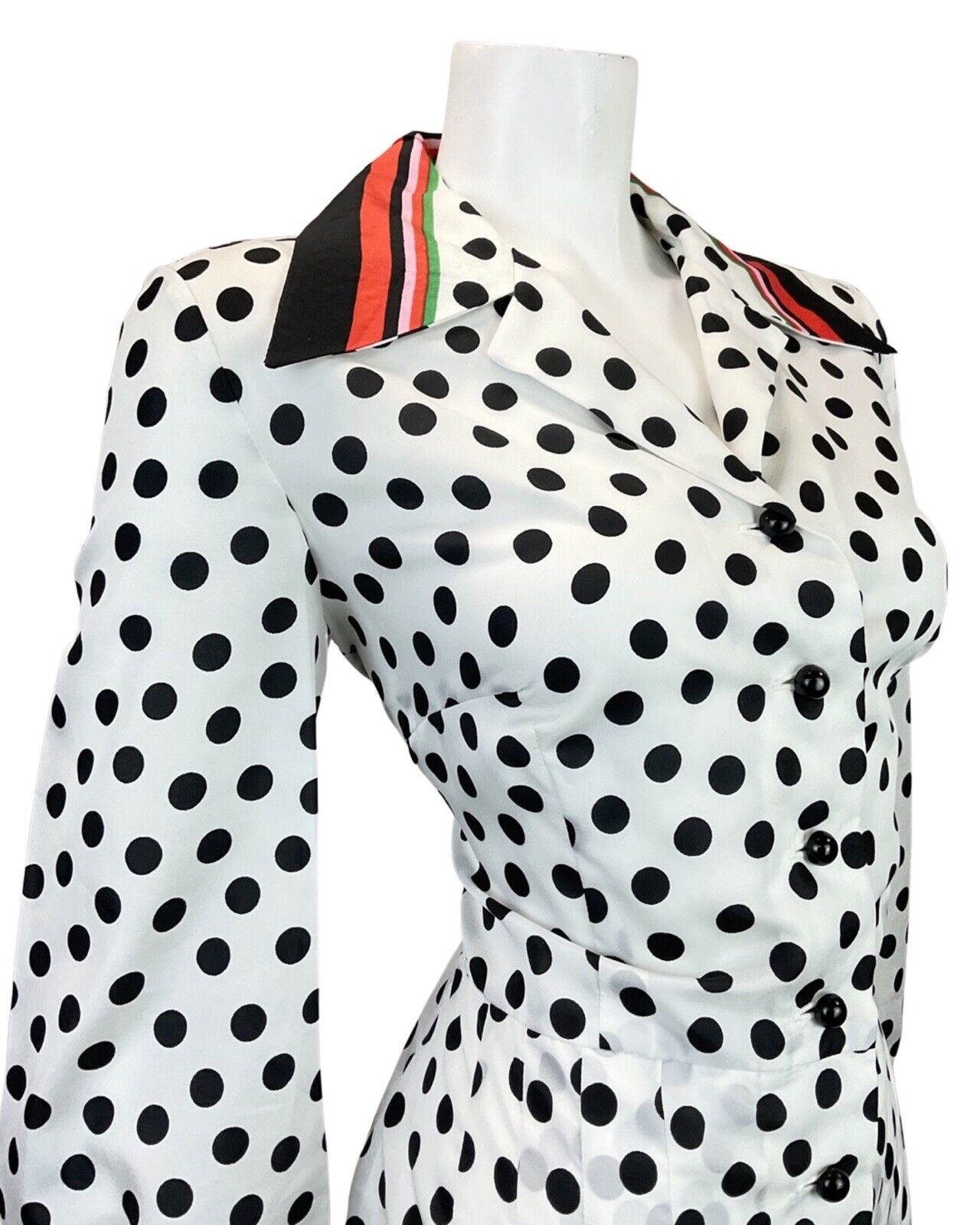 VINTAGE 60s 70s WHITE BLACK RED POLKA-DOT SPOTTED DAGGER SHIRT DRESS 14 16