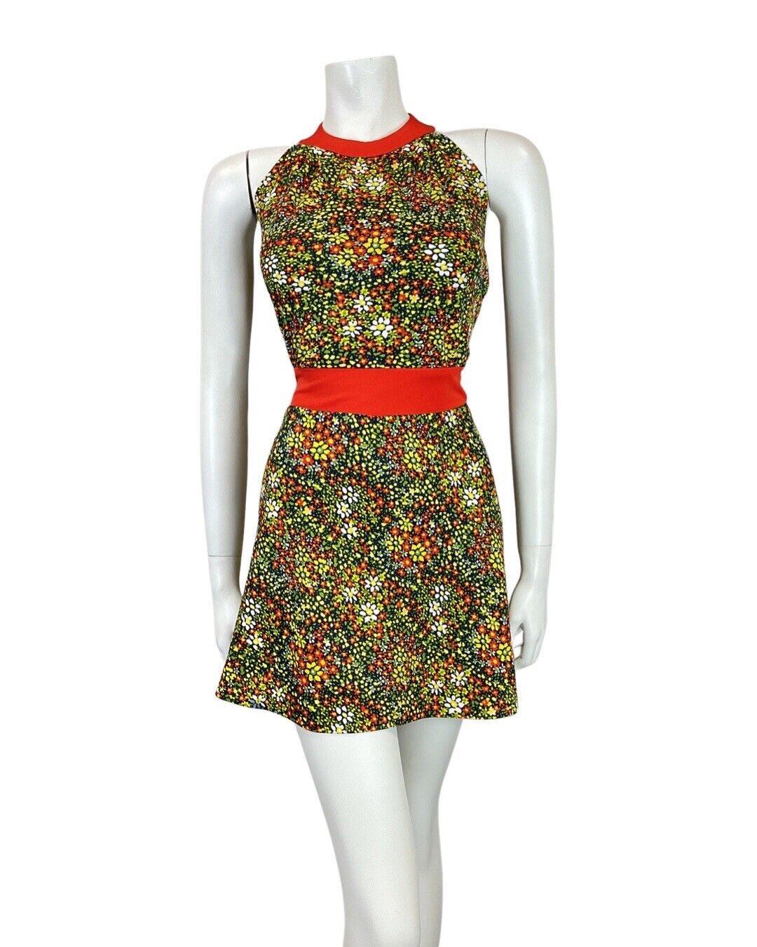 VINTAGE 60s 70s GREEN BLUE RED PSYCHEDELIC DITSY FLORAL HALTER MOD DRESS 12