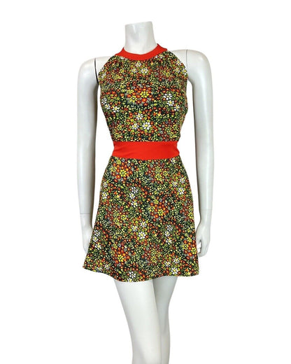 VINTAGE 60s 70s GREEN BLUE RED PSYCHEDELIC DITSY FLORAL HALTER MOD DRESS 12