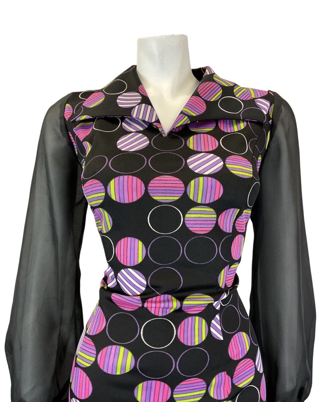 VINTAGE 60s 70s BLACK PURPLE GREEN DOTTY STRIPED SHEER MOD SHIRT DRESS 12