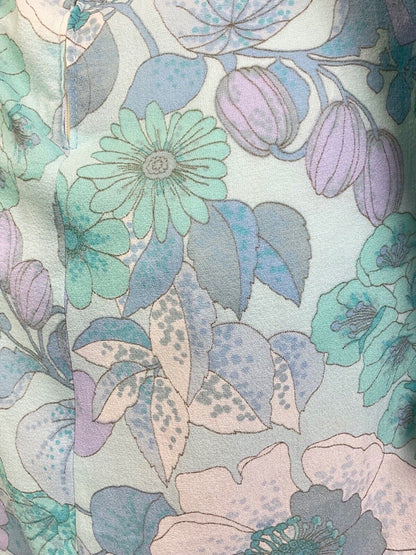 VINTAGE 60s 70s BLUE PURPLE FLORAL JULIET SLEEVE MOD BEAGLE COLLAR DRESS 10 12