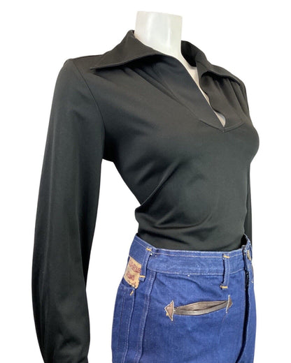 VINTAGE 60s 70s JET BLACK DAGGER COLLAR BLOUSE TOP 14 16