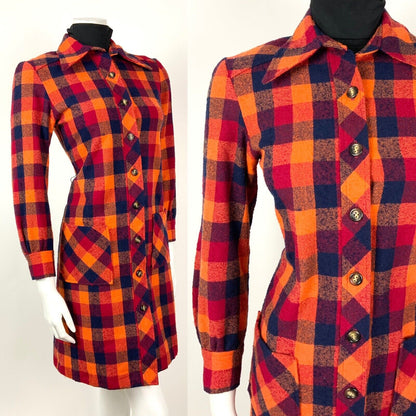 VINTAGE ORANGE RED BLUE CHECKED DAGGER COLLAR MOD WOOL COAT 8 10